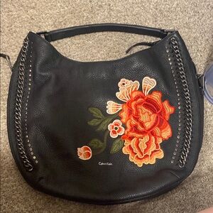 Authentic Calvin Klein Black Floral Embroidered Women's Bag